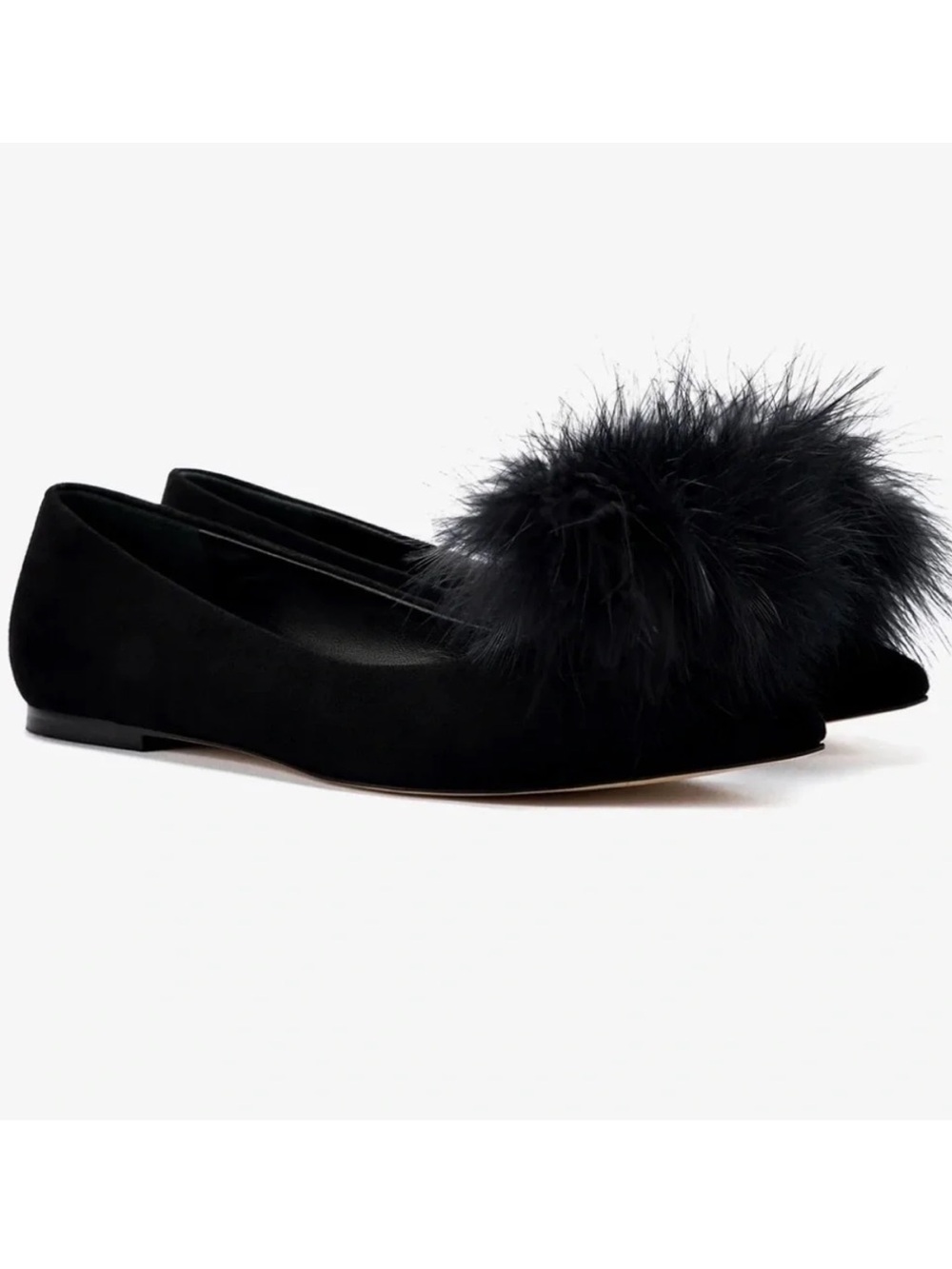NEW Larroudé Lee Pompom Flat In Black Suede